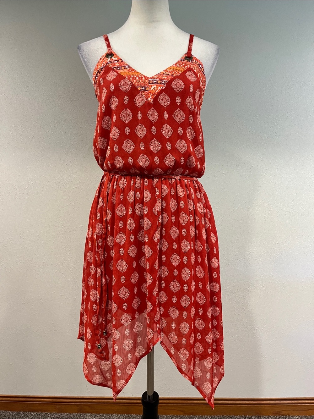Xhilation Red Printed Spaghetti-Strap asymmetrical mini Dress size extra small